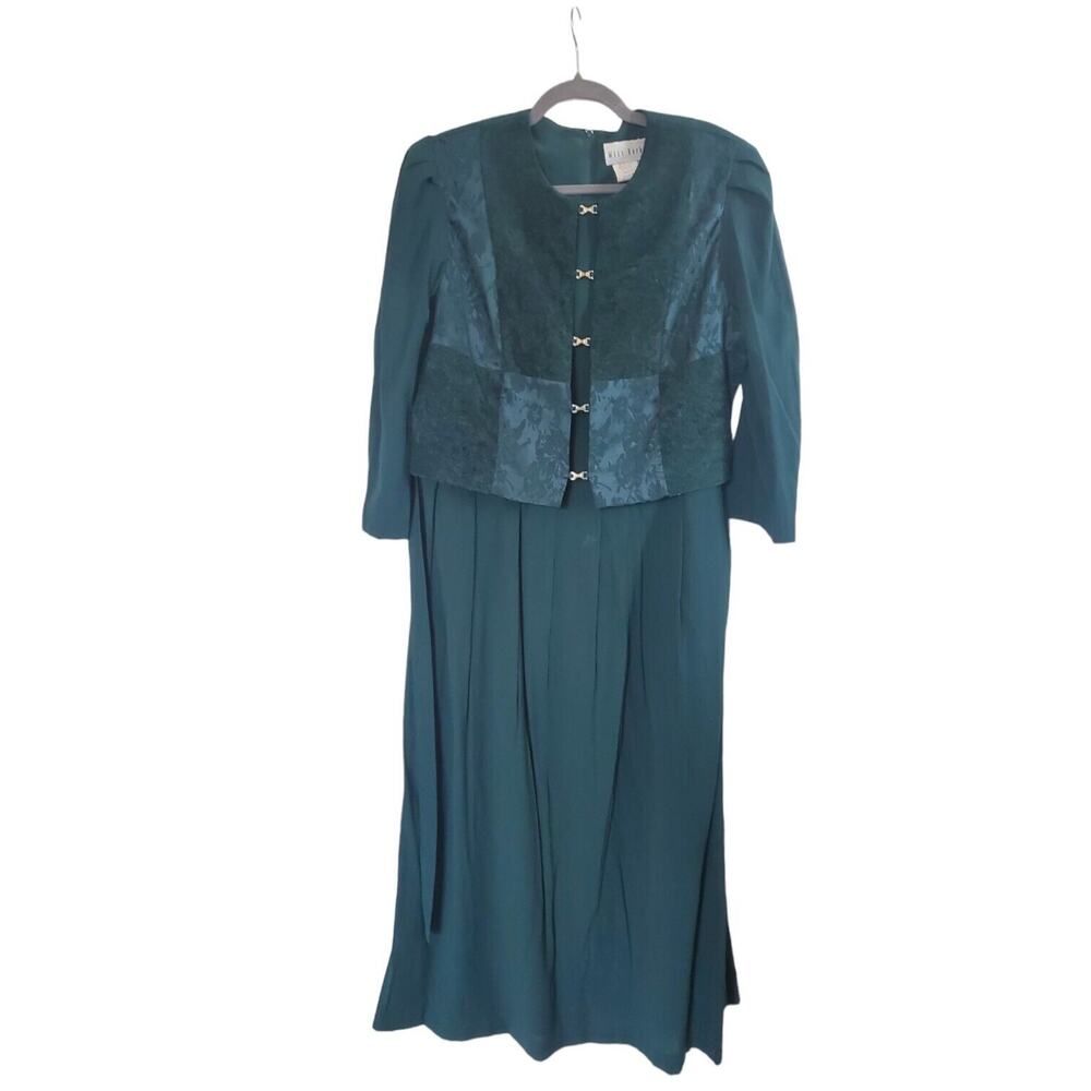 Miss Dorby Vintage Retro Cottagecore 80s Green Gold Accent Modest Dress, Size 14